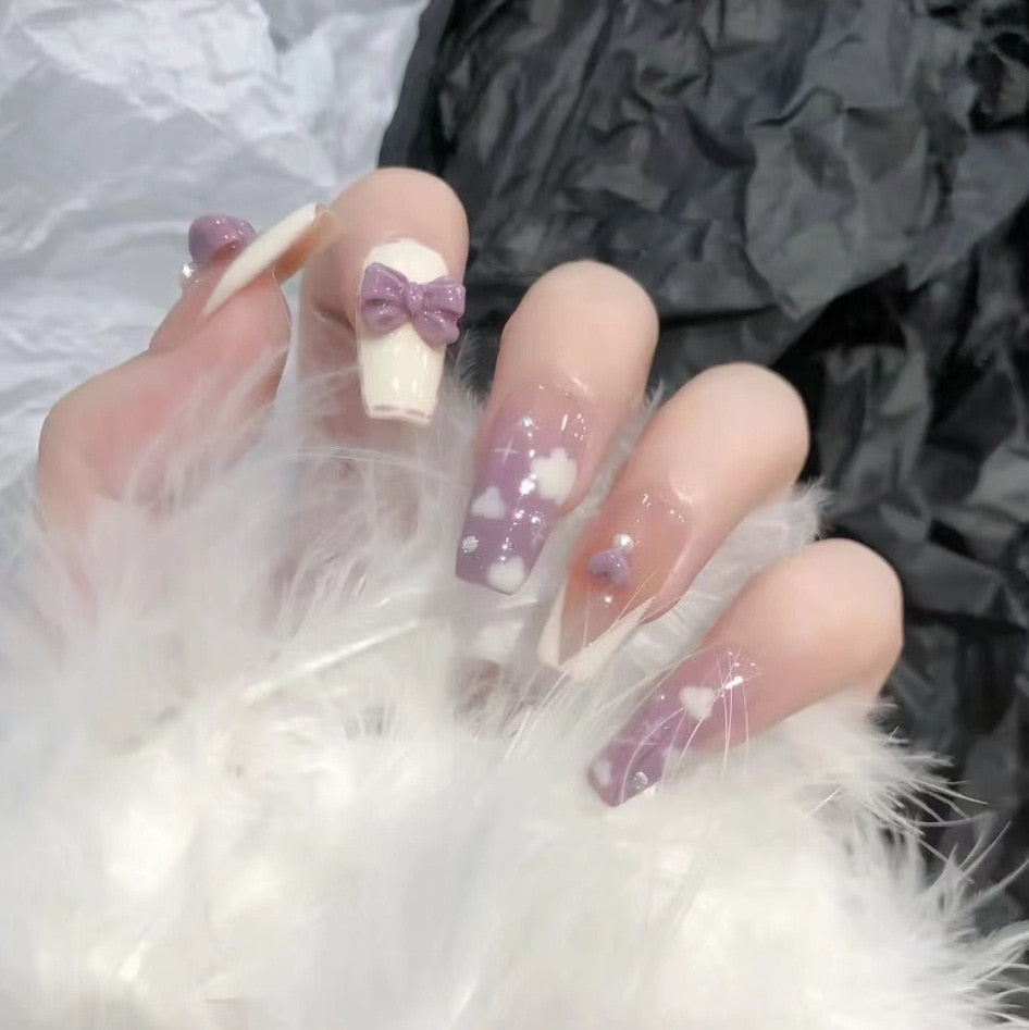 SKHEK Halloween White Flame Love Heart With Diamond Shining Pearl Cute Cat False Nails  Wearable Fake Nails Set Press On Nails 24Pcs