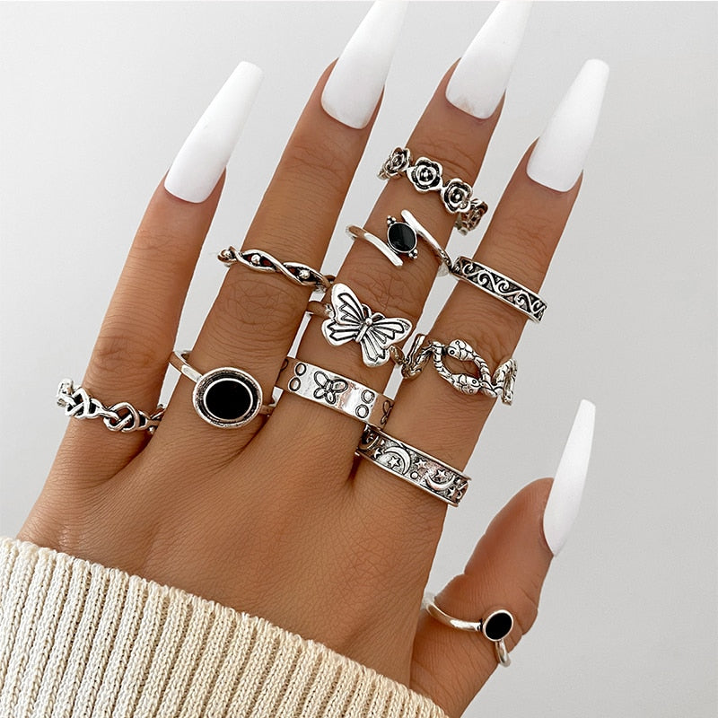 Skhek Vintage Hollow Heart Butterfly Rings Set For Women Metal Silver Color Geometric Spiral Shape Ring 22Pcs Set 2023 Trendy Jewelry