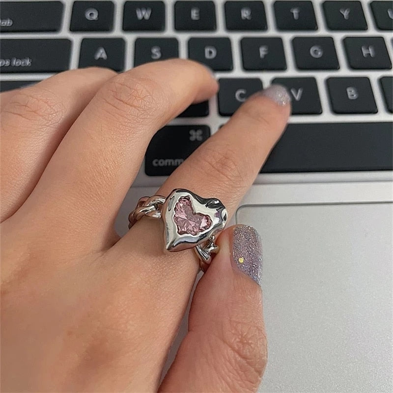 SKHEK 2022 New Punk Gothic Thorns Black Silver Color Heart Metal Opened Adjustable Ring For Women Men Girls Party Grunge Y2k Jewelry