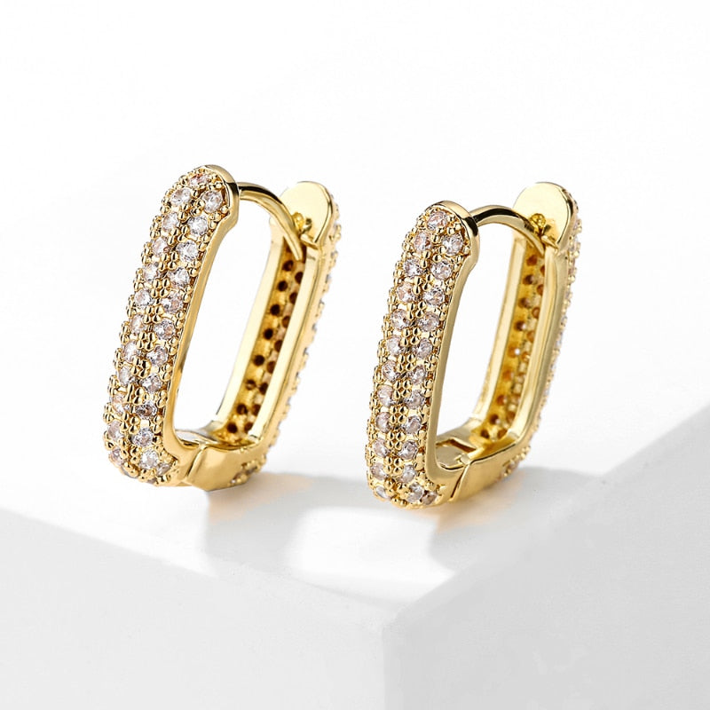 Skhek Gold Color Full Zircon Crystal Hoop Earrings for Women Luxury INS Style Circle Earrings Daily Wear Party Jewelry