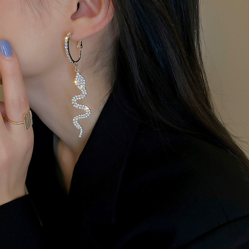 Skhek  fashion inspo    New Trendy Snake Shape Crystal Dangle Earrings for Women Girl Luxury Long Tassel Rhinestone Earrings Party Jewelry Gifts