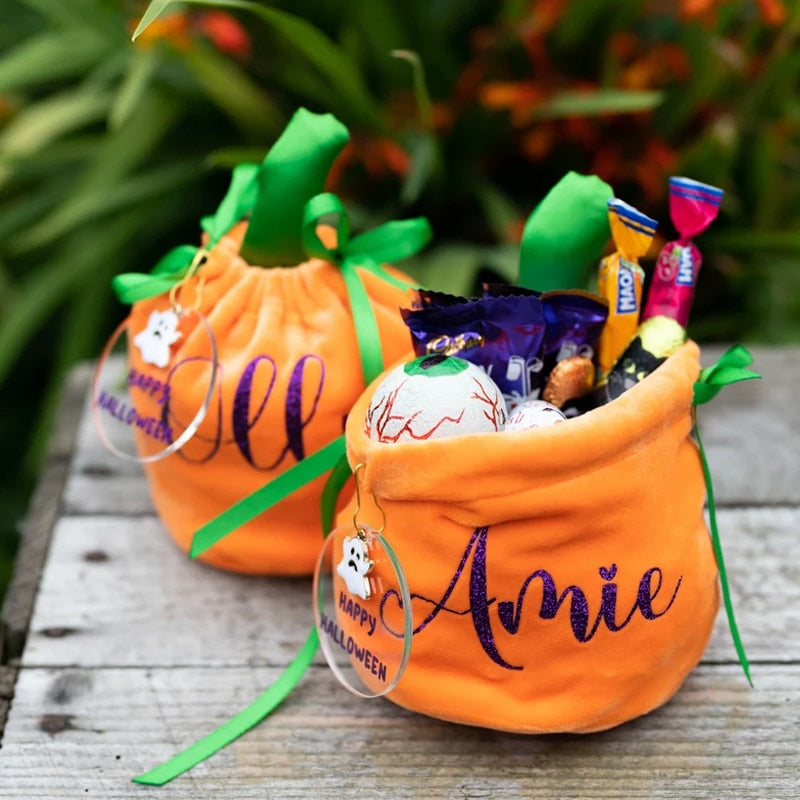 SKHEK 10Pcs Velvet Trick Or Treat Basket Pouches Candy Gift Halloween Bucket Pumpkin Bag With Ribbon Christmas Gift Bag With Reindeer