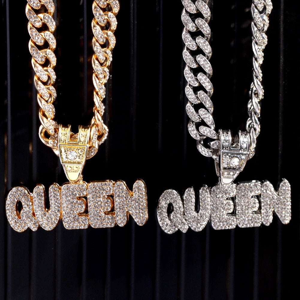 Skhek Men Women Hip Hop KING QUEEN Letter Pendant Necklace Iced Out Crystal Miami Cuban Link Chain Necklace Choker Hip Hop Jewelry