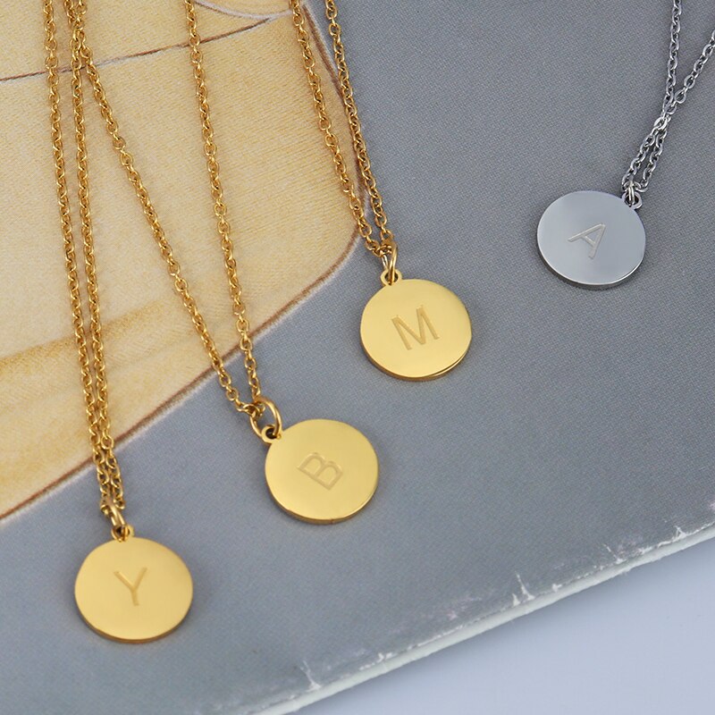 Stainless Steel Necklace For Women Letter Necklace A-Z Initial Pendant Necklaces Round Coin Alphabet Necklace Couple Jewelry