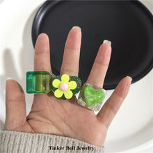 Load image into Gallery viewer, SKHEK Korean Goth Y2K Aesthetic Harajuku Green Heart Love Flowers Resin Rings For Women Egirl Party Retro Jewelry Gifts Accessories
