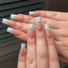 Load image into Gallery viewer, SKHEK Long Coffin Wearable Ballerina Fake Nails French Blue-Edged Flowers Full Cover Nail Tips Set Press On Nails DIY Manicure Tools
