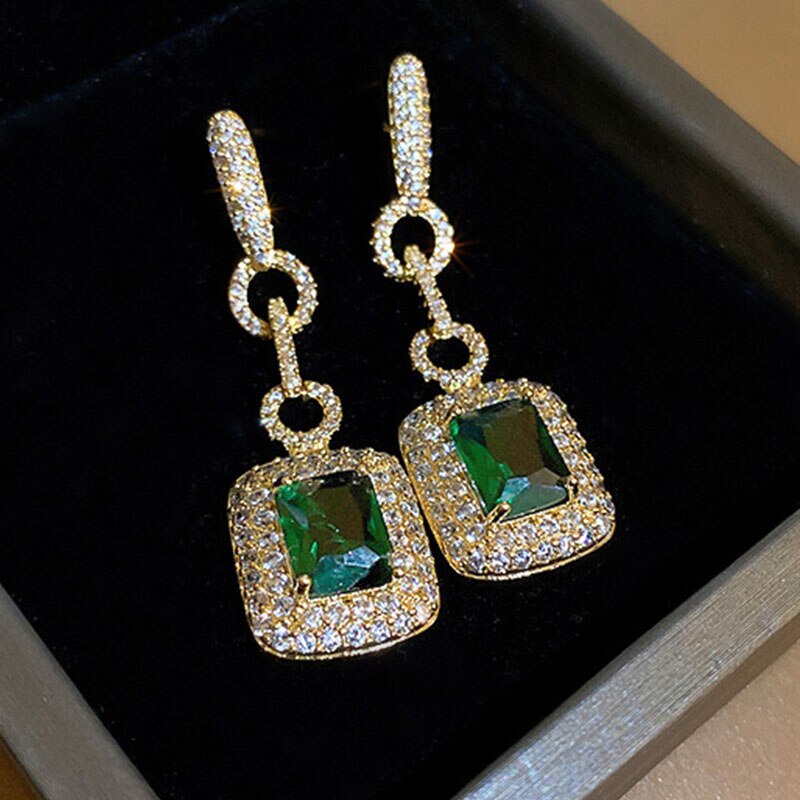 Skhek Trendy Green Crystal Cubic Zirconia Long Earrings Gold Plated Geometric Square Dangle Drop Earrings for Women Party Jewelry