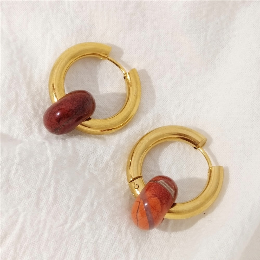 Skhek New Gold Color Steel Green Malachite Bead Natural Stone Geometry Hoop Earrings For Women Girl Travel Party Jewelry 2022