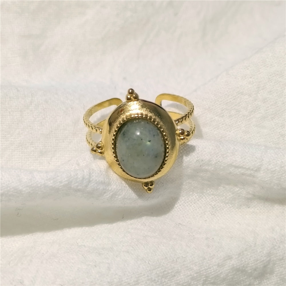 Skhek Gold Color Bohemian Natural Stones Opal Open Ring Geometric Hollow For Women Travel Vintage Jewelry HUANQI 2023