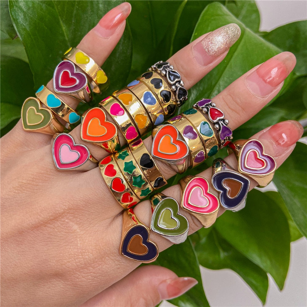 Skhek Jewelry New Colorful Adjustable Ring for Women Glossy Love Heart Rings Peach Heart Ring Exquisite Y2k Trend Jewelry