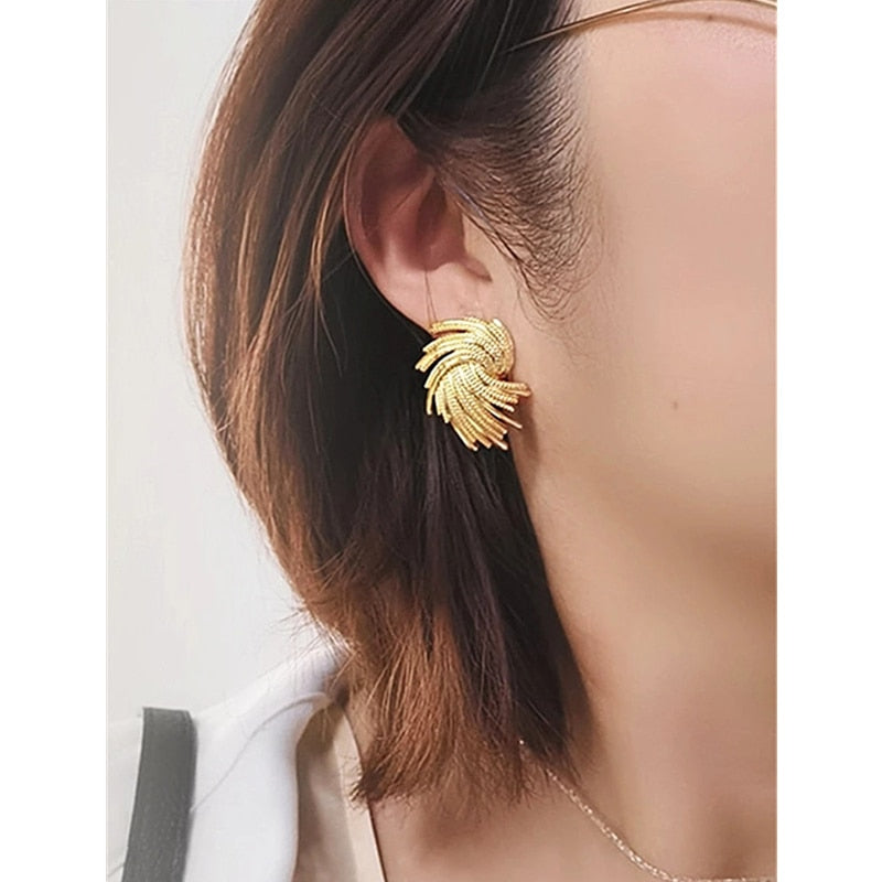 Skhek New Retro Woven Earrings Gold Color Metal Texture Stud Earrings Female Fashion Accessories Jewelry European And American Style