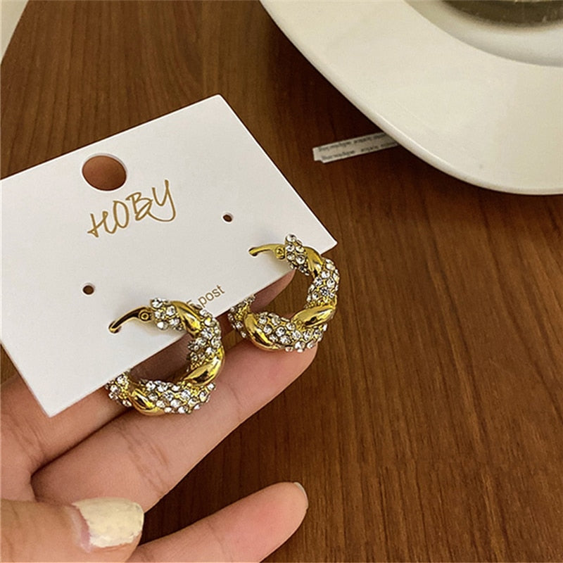 Skhek Minimalist Gold Color Zircon Twist Geometric Big Round Hoop Earrings For Women Girls Trendy Europe And America Jewelry HUANZHI