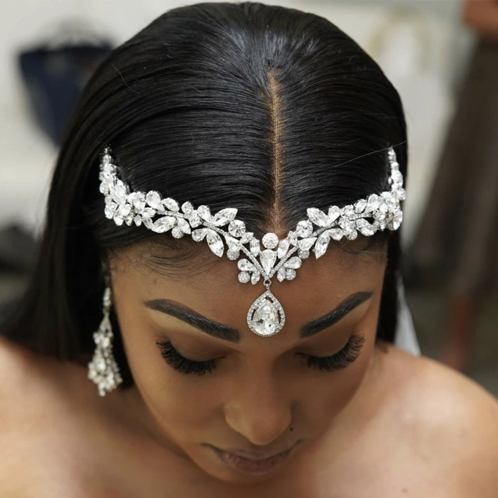 Cubic Zirconia Forehead Wedding Hair Band Bridal Luxury Jewelry for Women Queen Crystal Crown Tiara Water Drop Pendant Jewellery