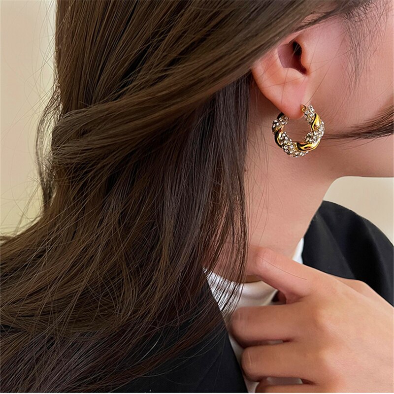 Skhek Minimalist Gold Color Zircon Twist Geometric Big Round Hoop Earrings For Women Girls Trendy Europe And America Jewelry HUANZHI