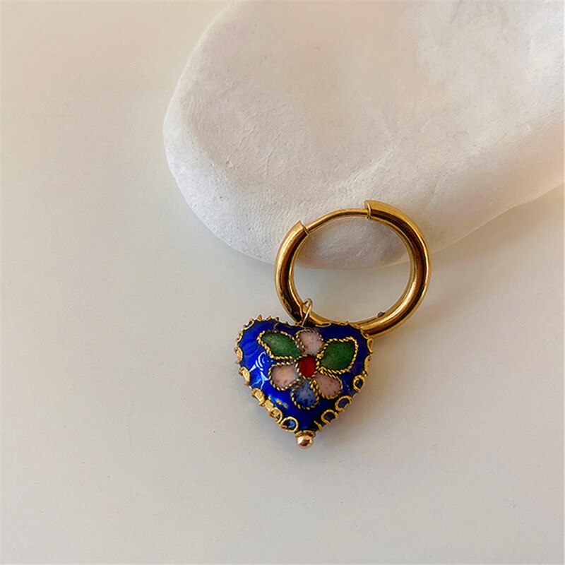 Skhek Vintage Enamel Heart Love Rose Pendant Asymmetric Drop Earrings Crystal Stone Tassel For Women Travel France Jewelry HUANQI