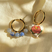 Load image into Gallery viewer, Skhek Vintage Enamel Heart Love Rose Pendant Asymmetric Drop Earrings Crystal Stone Tassel For Women Travel France Jewelry HUANQI