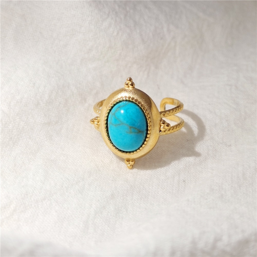 Skhek Gold Color Bohemian Natural Stones Opal Open Ring Geometric Hollow For Women Travel Vintage Jewelry HUANQI 2023