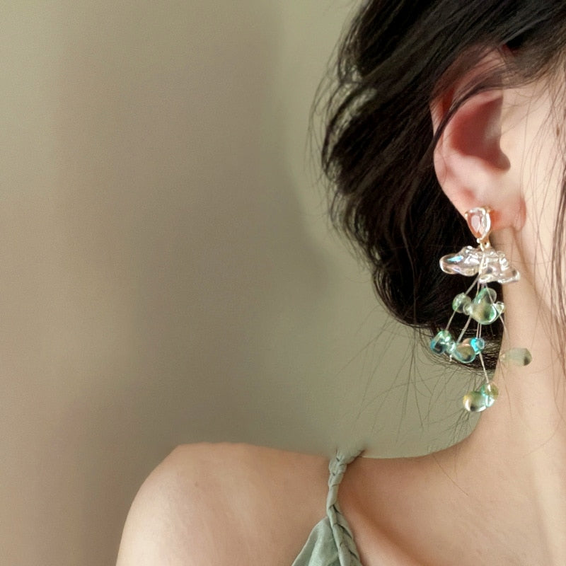 SKHEK Rhinestone Geometric Transparent Acrylic Water Drops Flower Tassel Drop Earrings For Women Girls Party French Jewelry
