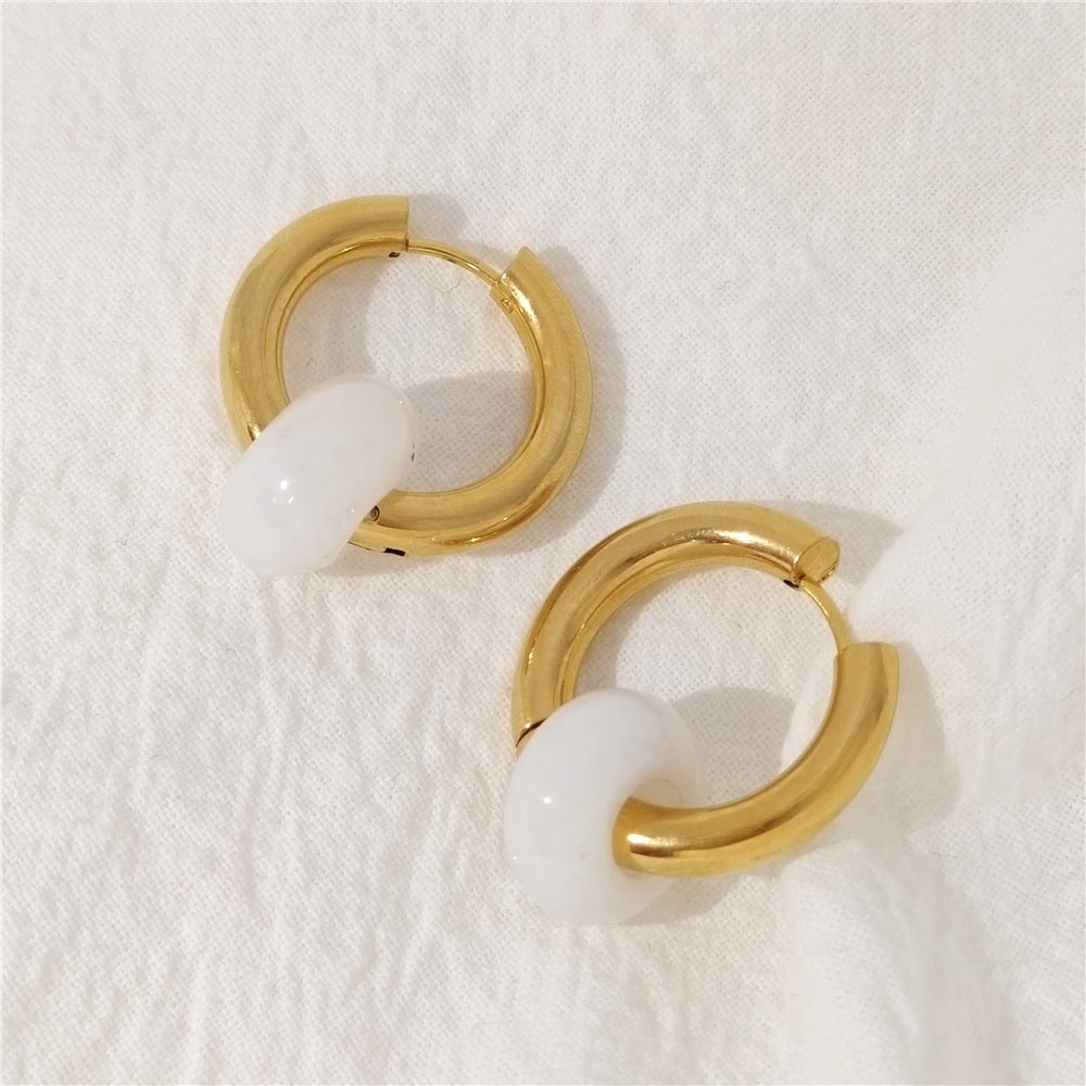 Skhek New Gold Color Steel Green Malachite Bead Natural Stone Geometry Hoop Earrings For Women Girl Travel Party Jewelry 2022