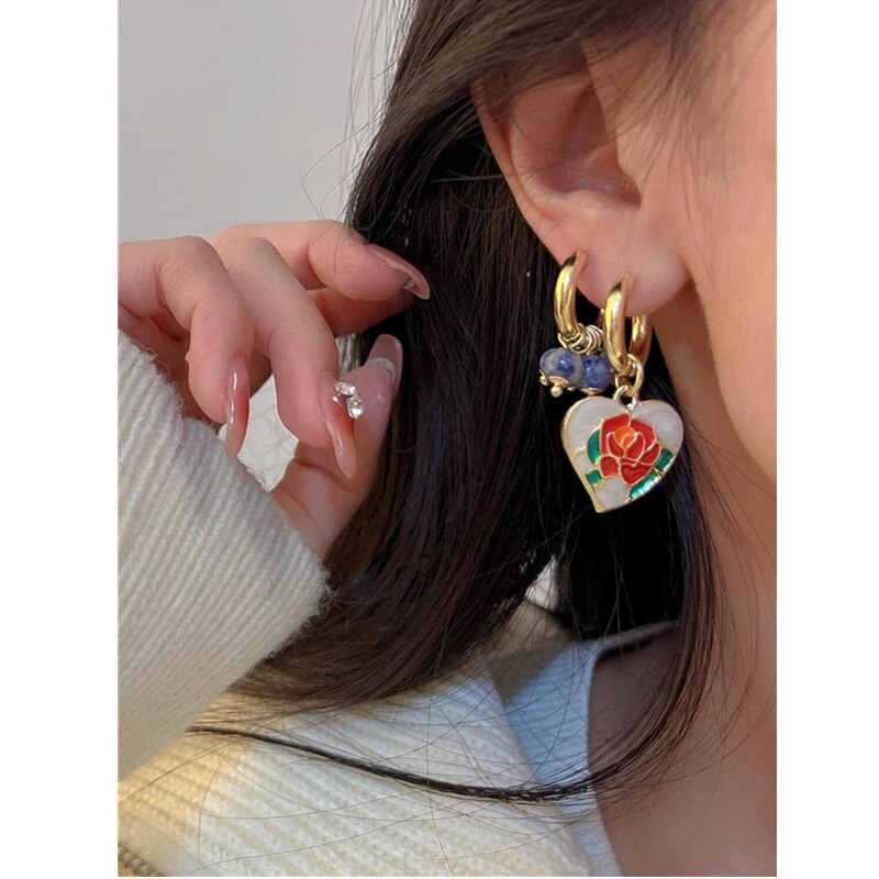 Skhek Vintage Enamel Heart Love Rose Pendant Asymmetric Drop Earrings Crystal Stone Tassel For Women Travel France Jewelry HUANQI