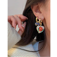 Load image into Gallery viewer, Skhek Vintage Enamel Heart Love Rose Pendant Asymmetric Drop Earrings Crystal Stone Tassel For Women Travel France Jewelry HUANQI