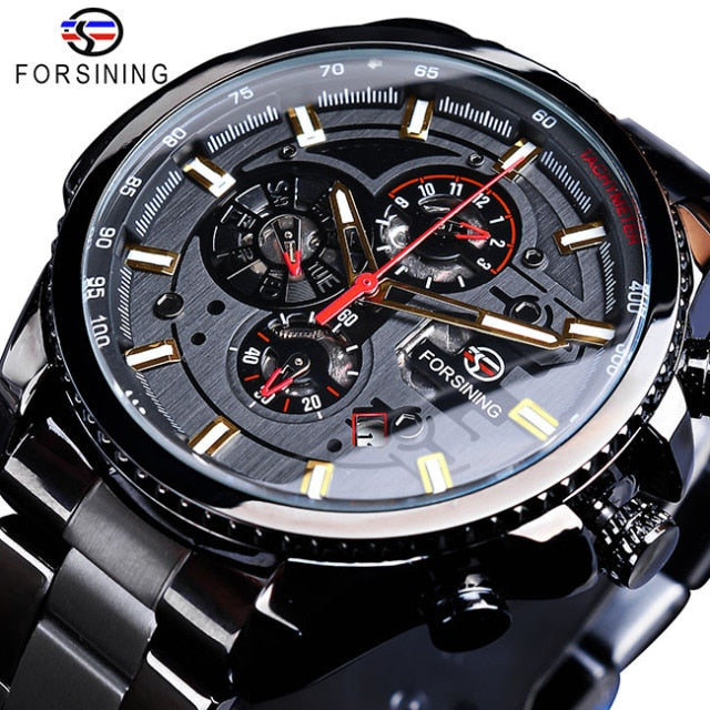Forsining Three Dial Calendar Stainless Steel Men Mechanical Automatic Wrist Watches Top Brand Luxury Military Sport Male Clock