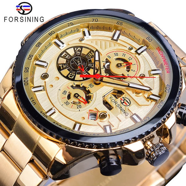 Forsining Three Dial Calendar Stainless Steel Men Mechanical Automatic Wrist Watches Top Brand Luxury Military Sport Male Clock
