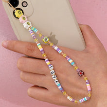Load image into Gallery viewer, Phone Chain Lanyard Beads Mobile Phone Heishi Disc Crystal Beaded Cell Phone Chains LOVE Letter String Wristband