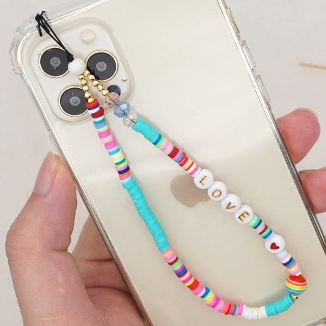 Phone Chain Lanyard Beads Mobile Phone Heishi Disc Crystal Beaded Cell Phone Chains LOVE Letter String Wristband